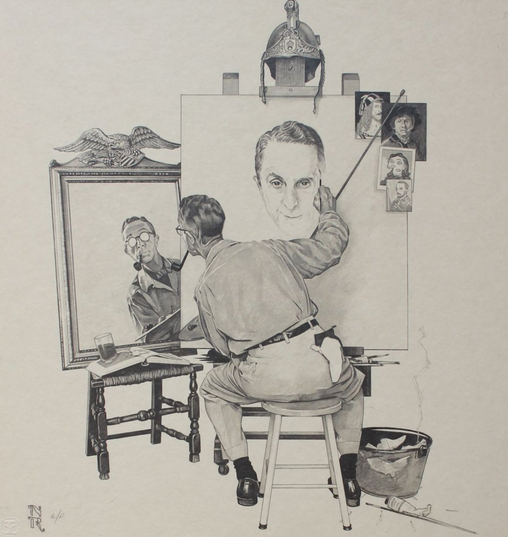 NORMAN ROCKWELL ARTIST PROOF LITHOGRAPH: ROCKWELL, Norman, (American, 1894-1978): Self Portrait, Scene Depicts Artist in his Studio Looking in the Mirror and Painting what he Sees, Artist Proof Lithograph, sight size 22" x 20.5", pencil mark