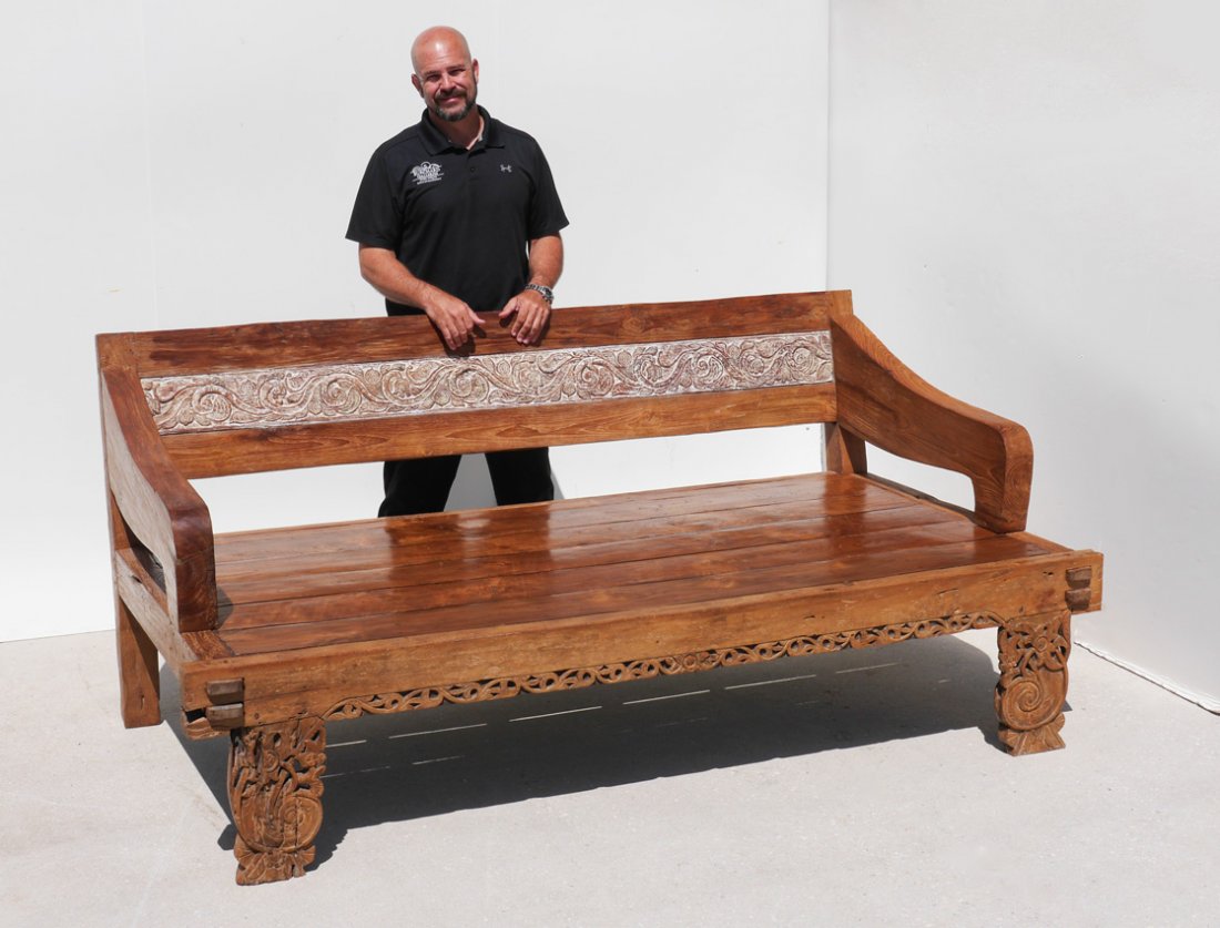 LARGE CARVED MEXICAN DAY BED: LARGE CARVED MEXICAN DAY BED: Through tenon construction, back rail with white washed carved foliate scroll panel, carved front skirt and legs. Overall measures 40 1/4'' h. x 88 3/4'' x 49''.