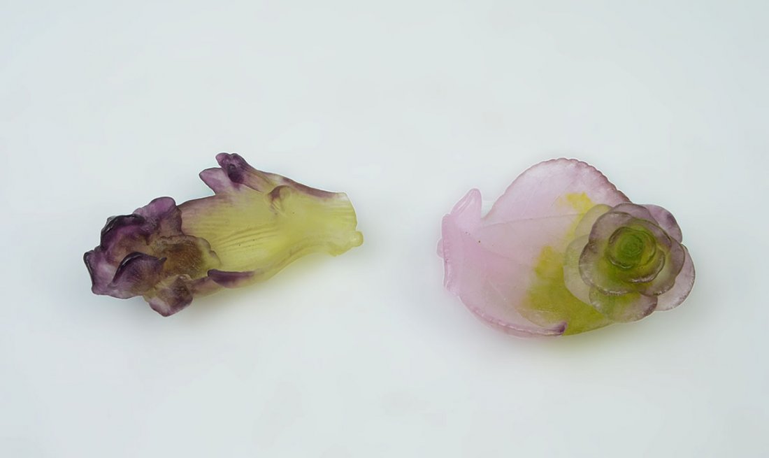2 DAUM PATE DE VERRE ART GLASS FLOWERS: 2 DAUM PATE DE VERRE ART GLASS FLOWERS: 2 pieces total, both signed Daum France, to include 1) Rose with leaves, 1 3/4'' h. x 3 1/2''. 2) Iris with leaf, 1 1/2'' h. x 3 1/2''.