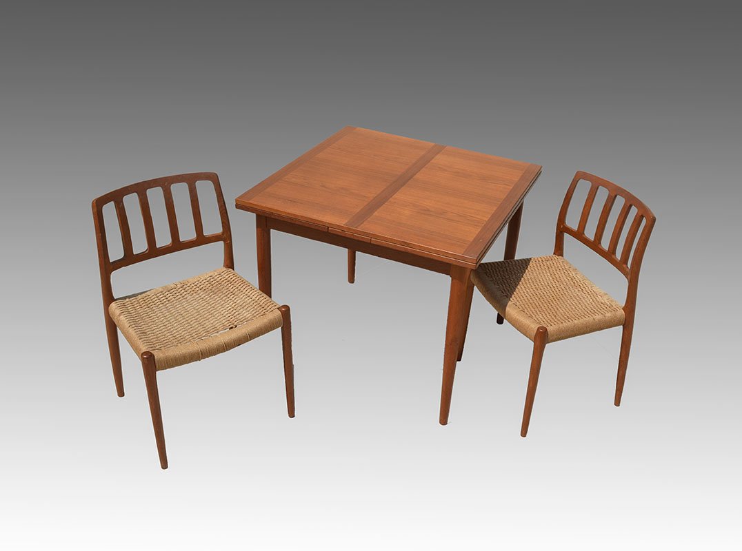 PAIR NIELS MOLLER DINING CHAIRS & SKOVMAND TABLE: PAIR NIELS MOLLER DINING CHAIRS & SKOVMAND TABLE: 3 Danish mid century piece dining / pub set to include 1-2) Pair of teak frame Niels O. Moller for J.L. Moller dining chairs with woven rope seats, me