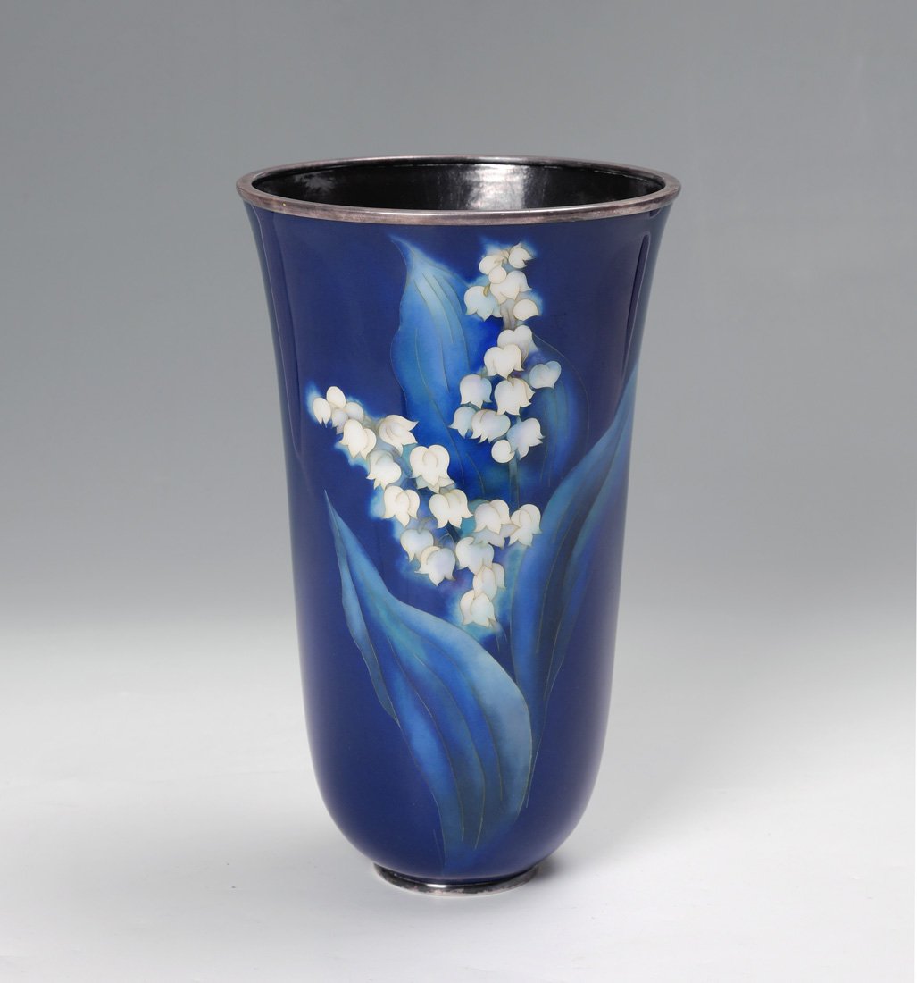 LARGE ANDO JUBEI JAPANESE WIRELESS CLOISONNE VASE: LARGE ANDO JUBEI JAPANESE WIRELESS CLOISONNE VASE: Large vase with slightly flared rim, blue ground with Lily of the Valley flowers, marked with Ando flower and artist's impression on base, measures 1