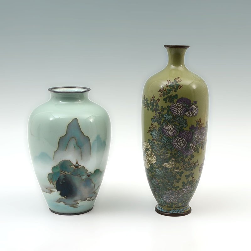 2 PIECE CLOISONNE VASES INCLUDING ANDO: 2 PIECE CLOISONNE VASES INCLUDING ANDO: 2 pieces total to include 1) Light green ground with mountainous landscape baluster form, signed with Ando flower, 7 1/4" h. x 4 1/2". 2) Olive green ground wit