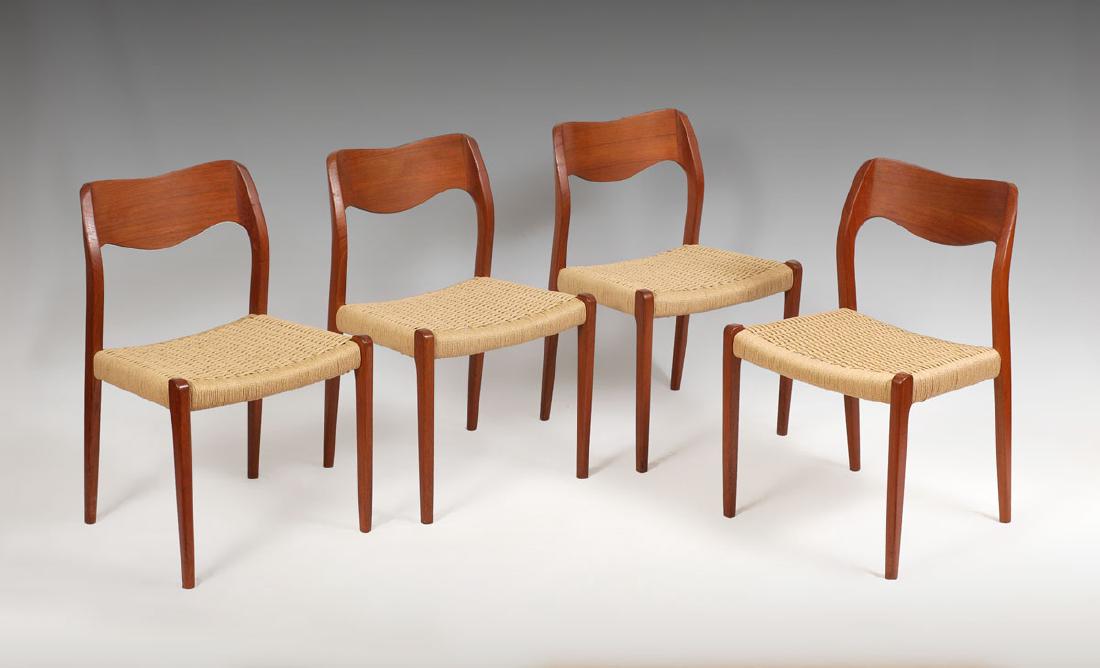 4 NIELS MOLLER MODEL 71 DANISH DINING CHAIRS: 4 NIELS MOLLER MODEL 71 DANISH DINING CHAIRS: Teak frames with shaped back, tapered legs, woven seat. Designed by Niels Moller, made by J.L. Moller in Denmark. 31'' h. x 19 1/2'' x 19 1/2''.