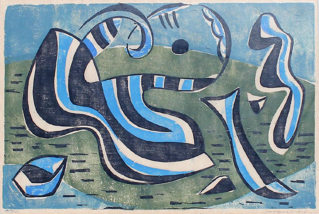 WERNER DREWES WOOCUT ''INNER TROPICAL SEAS'' 1944: DREWES, Werner, (American, 1899-1985): ''Inner Tropical Seas'', Woodcut, 12'' x 17'', image size 9.5'' x 14.75'', pencil signed lower right and dated 1944, numbered lower left, 4? /35, framed, 17.25''