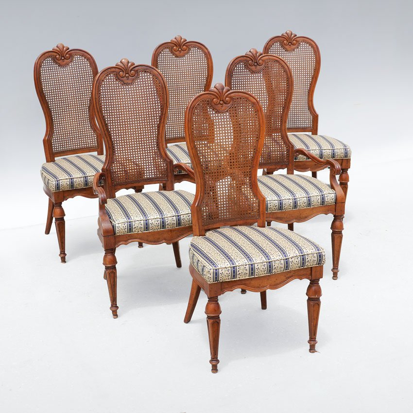 6 DREXEL MARCHESA CANE BACK DINING CHAIRS: 6 DREXEL MARCHESA CANE BACK DINING CHAIRS: 6 chairs in the Marchesa pattern by Drexel in a French Provencal style with carved cane backs, turned front legs, patterned upholstered seats. the 2 arm chai