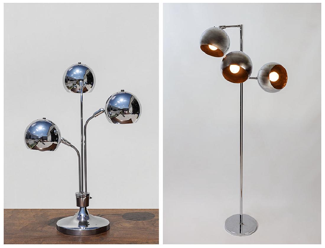 2 CHROME LAMPS ATTRIB. ROBERT SONNEMAN: 2 CHROME LAMPS ATTRIB. ROBERT SONNEMAN: 2 pieces total, both attributed to Robert Sonneman, to include 1) 3 light floor lamp with globe shades, 59 1/4'' h. x 18''. 2) 3 light desk / table lamp with 3 