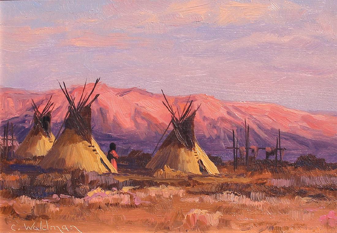 CHARLES WALDMAN PAINTING ''DAYS END'': WALDMAN, Charles, (American, 20th Century): ''Days End'', Depicts an Indian Encampment at Sunset with Teepees and Figure, Oil/Masonite, 5''x 7'', signed lower left, framed, 9'' x 11''.