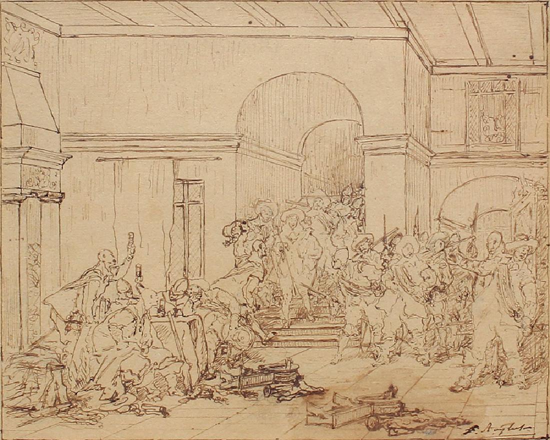 FERDINAND ROYBET DRAWING OF A RAUCOUS INTERIOR SCENE: ROYBET, Ferdinand, (French, 1840-1920): Raucous Interior Scene with Armed Men Carousing, Pen/Ink, sight size 8" x 10", signed lower right, framed, 16" x 19". Ferdinand Roybet is known for his historic