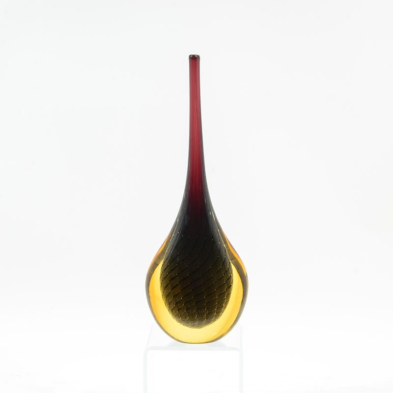 LUIGI ONESTO MURANO TALL VASE: LUIGI ONESTO MURANO TALL VASE: Slender amethyst glass neck graduating to amber glass exterior glass, quilted interior glass, signed L. Onesto, Murano, 16 3/4" h. x 6" x 3 3/4".