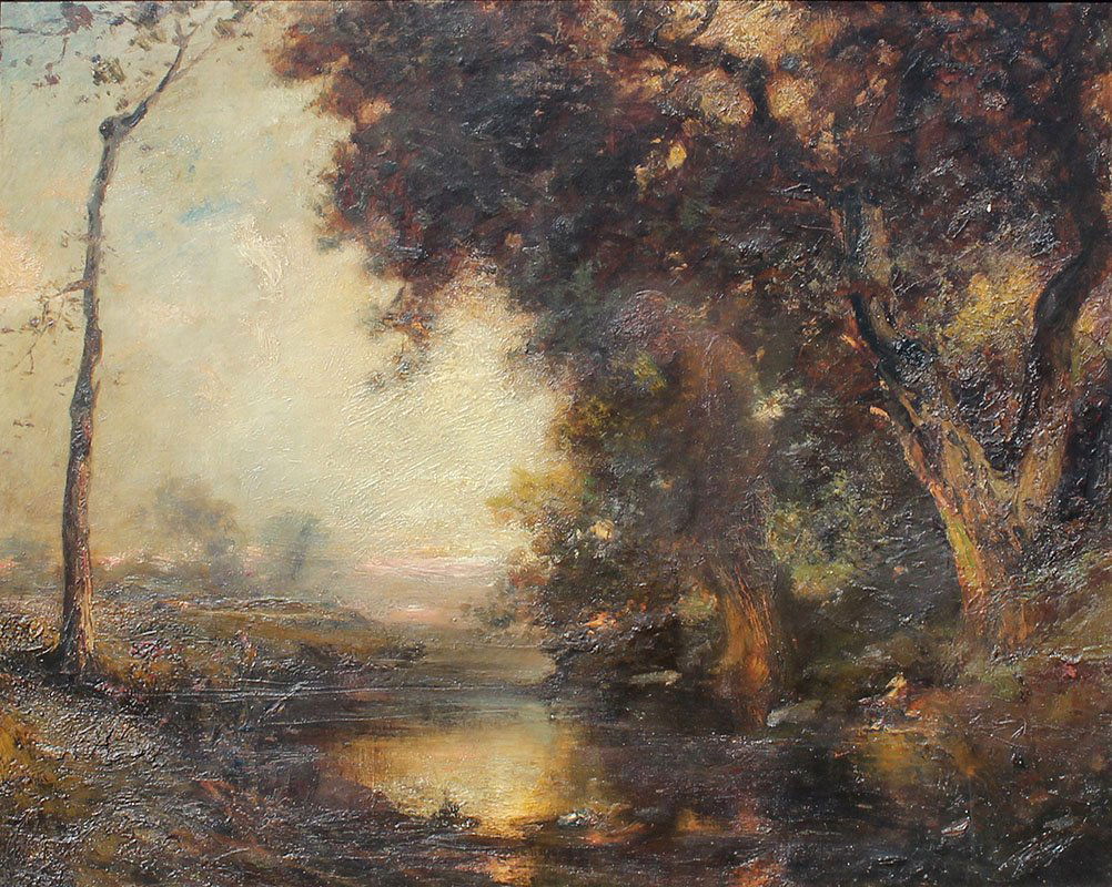 DOUGLAS ARTHUR TEED LANDSCAPE PAINTING: TEED, Arthur Douglas, (American, 1860-1929): Tonalist Landscape with Stream, Oil/Canvas, 24.25" x 30", signed lower right and dated 1917, heavy gilded and carved gesso frame, 33.5" x 40.5" x 3.5". Dou