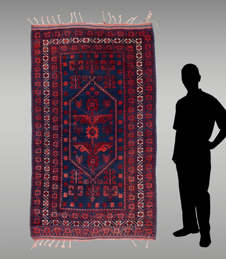 TURKISH YAGCI BEDIR HK WOOL RUG, 4'3" X 6'10": APPROX 20-40 YEARS OLD TURKISH YAGCI BEDIR HAND KNOTTED WOOL RUG, 4'3" X 6'10": This Turkish village rug has the vibrant traditional colors and design of its origin. The blue field has a two-tone red
