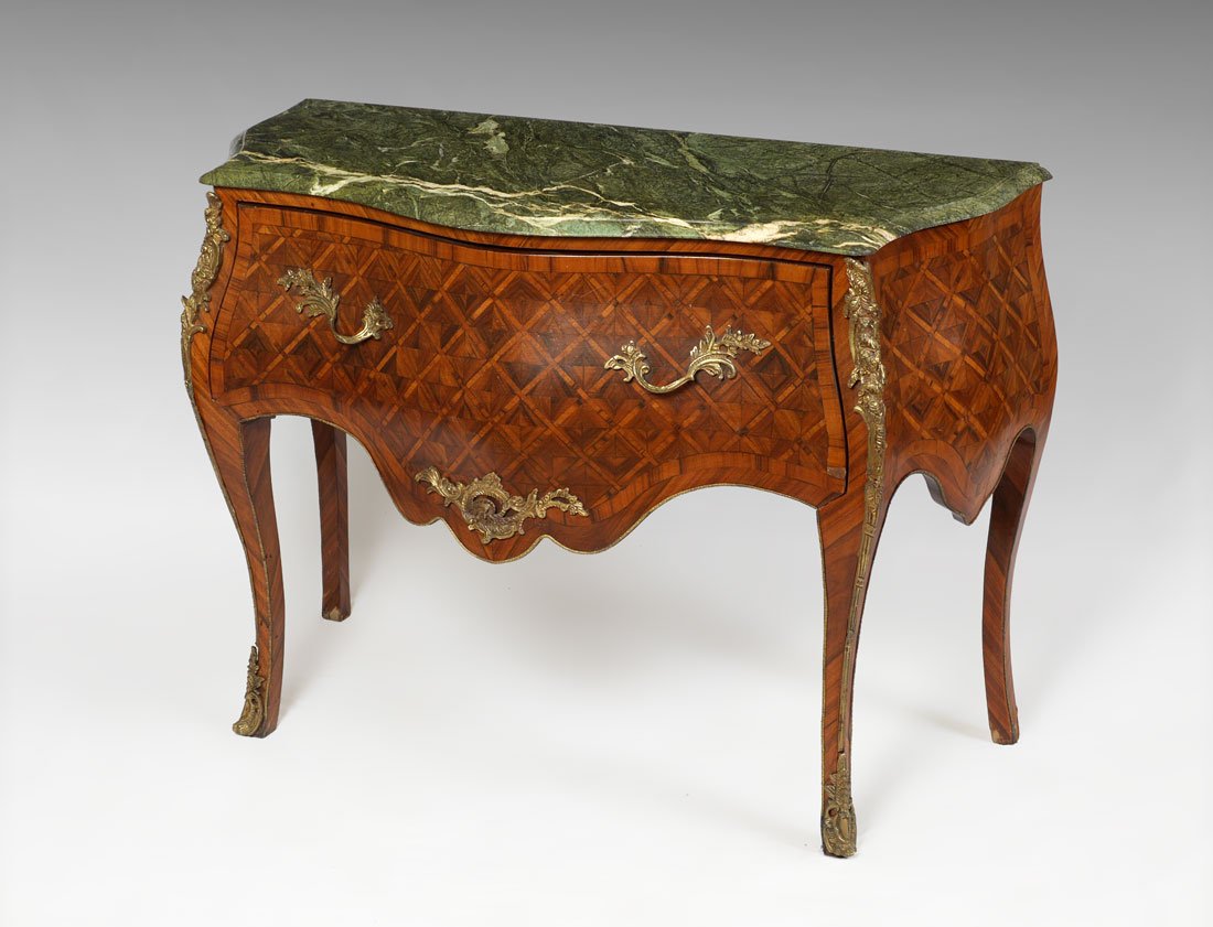 MARBLE TOP PARQUETRY INLAID BOMBE COMMODE: MARBLE TOP PARQUETRY INLAID BOMBE COMMODE: Variegated green shaped marble top, diamond pattern parquetry inlaid bombe case with single deep drawer, gold decorated cast metal mounts. 34 3/4" h. x 47 1/