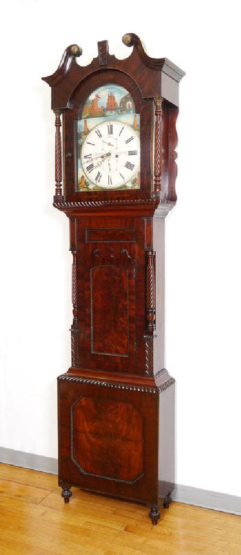 W.H. AYRES ENGLISH ROCKING SHIP LONG CASE CLOCK: W.H. AYRES ENGLISH ROCKING SHIP LONG CASE CLOCK: Early 19th century, bonnet with broken arch pediment, central decoration, turned full column supports. Mahogany case with shaped front door, turned col