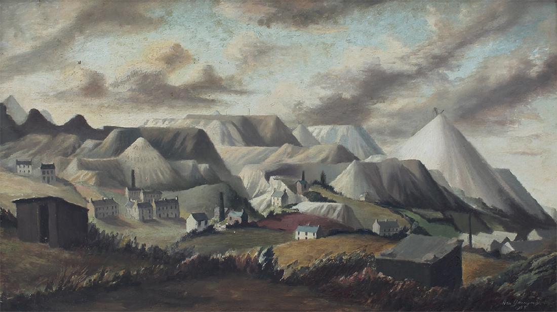 NAN YOUNGMAN MINING LANDSCAPE PAINTING: YOUNGMAN, Nan, (English 1906-1995): Panoramic View of a Village with Mine in the Distance, Oil on Wood, signed lower right, dated 1935, 14" x 26", painted frame 20.5" x 32" x 2.5".