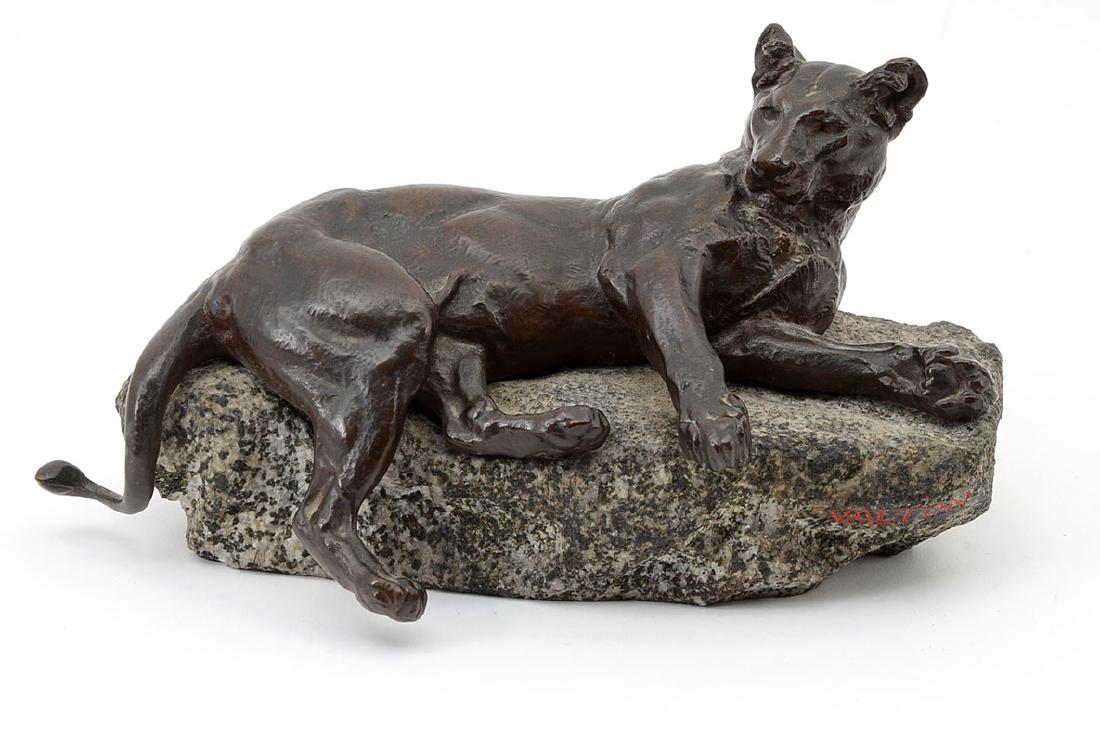 CHARLES VALTON LIONESS BRONZE: VALTON, Charles, (French, 1851-1918): Reclining Lioness, Bronze, 4.5" x 9.5, affixed to signed stone base.