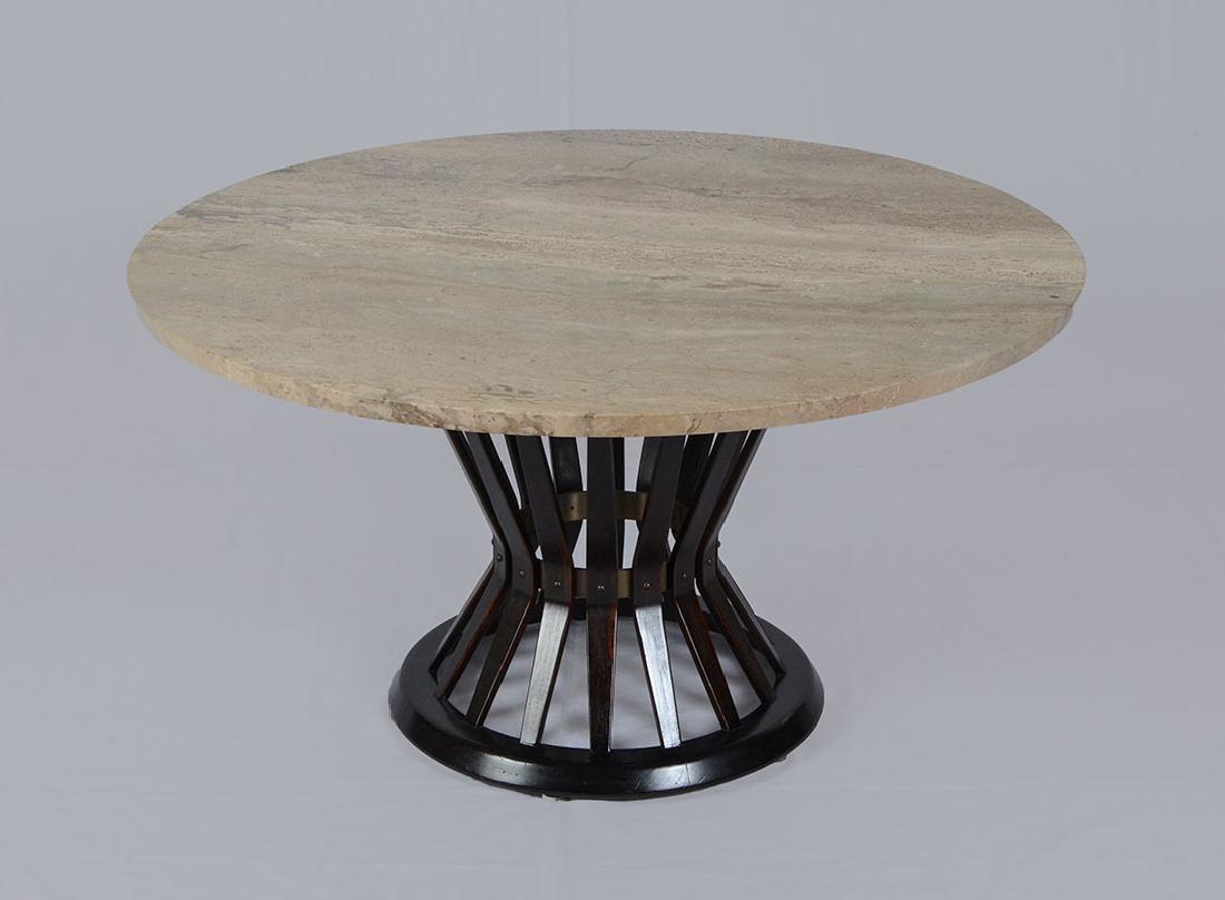 EDWARD WORMLEY FOR DUNBAR SHEAF OF WHEAT TABLE: EDWARD WORMLEY FOR DUNBAR SHEAF OF WHEAT TABLE: Ebonized base with Dunbar metal tag, marble top well marked with Carrara Marble Made in Italy stamping. Overall measures 20 1/2'' h. x 38'' dia.