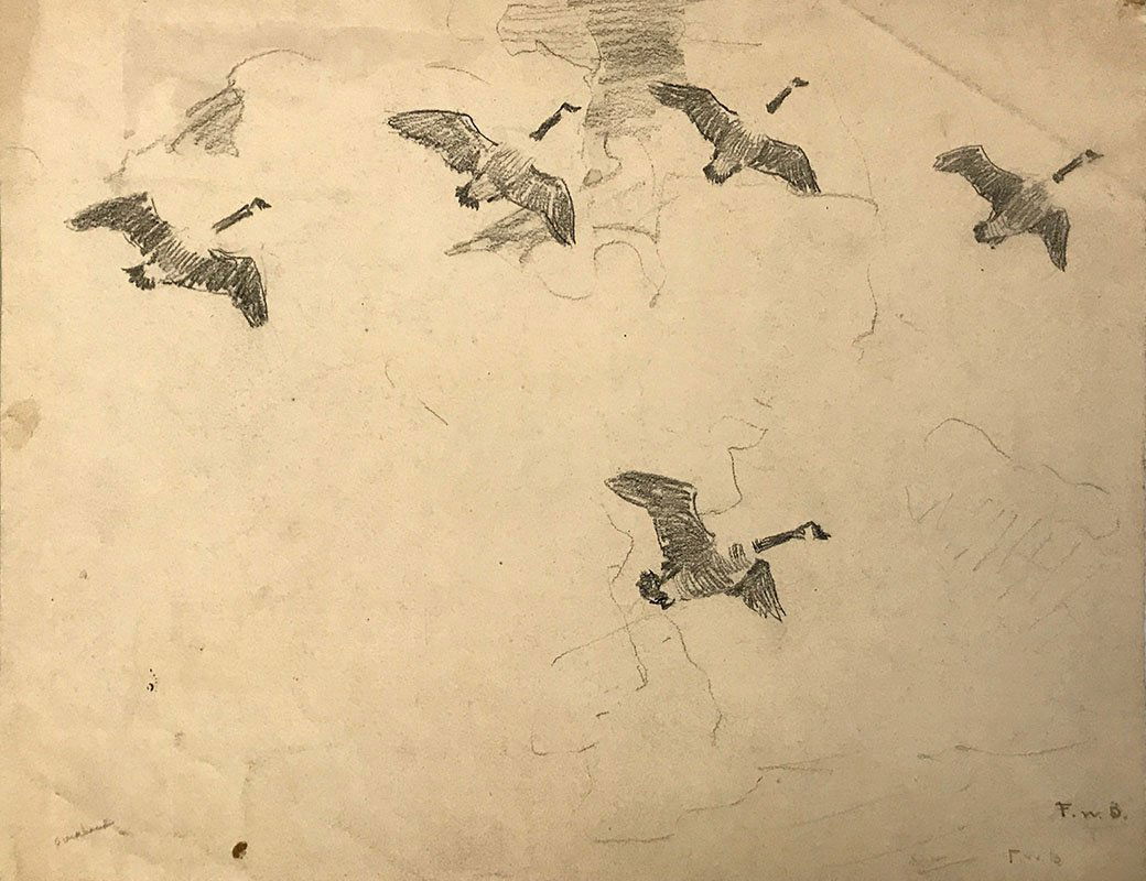 FRANK BENSON DRAWING GEESE IN FLIGHT: BENSON, Frank Weston, (American, 1862-1951): "Overhead", Geese in Flight, Pencil Drawing, 9.5" x 12.5", monogramed lower right, titled lower left, unframed.