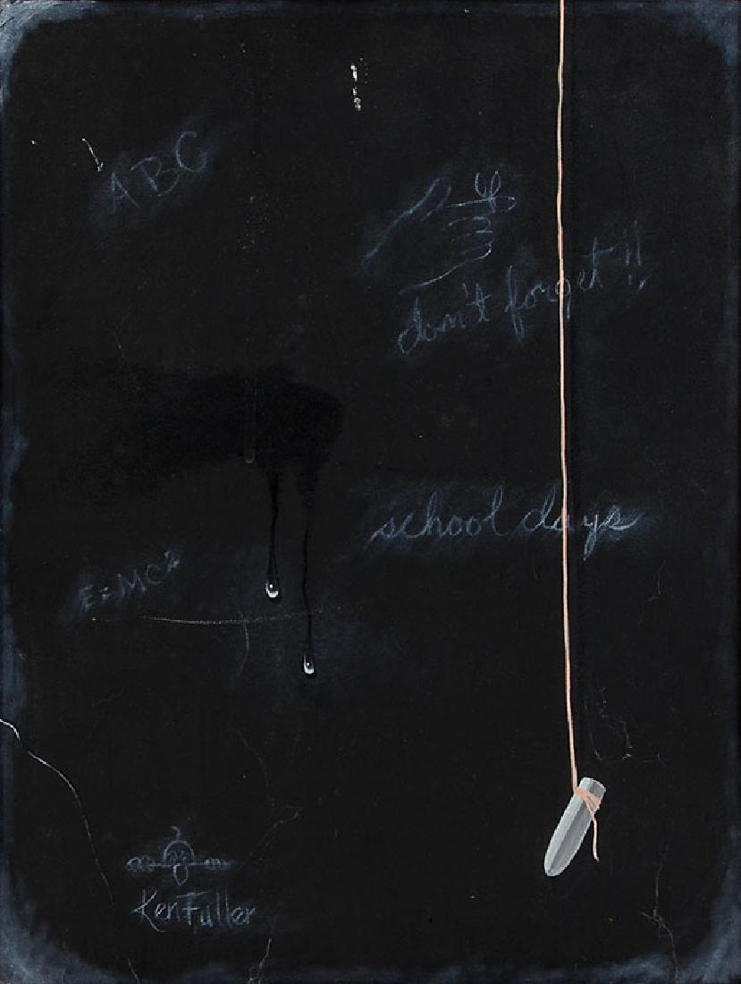 KEN FULLER TROMPE L'OEIL CHALKBOARD PAINTING: FULLER, Ken, (American, b.1935): Trompe L'Oeil Painting of Chalkboard with Chalk Tied to a String, signed lower left, 16" x 12", distressed frame 17.5" x 13.5".