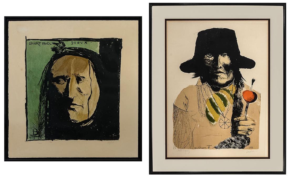 2 LEONARD BASKIN AMERICAN INDIAN LITHOGRAPHS: BASKIN, Leonard, (American, 1922-2000): 2 Lithographs to include, 1) Yellow Magpie, Arapahoe, artist proof lithograph, 37.5" x 27.5", pencil signed lower right, marked in pencil artist proof lower lef