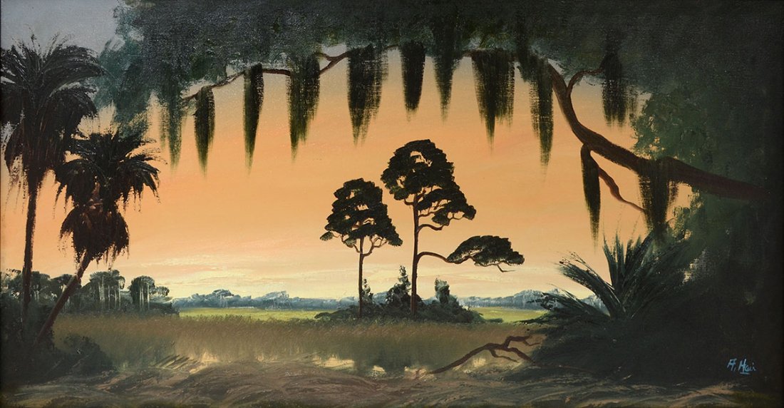 ALFRED HAIR FLORIDA HIGHWAYMEN PAINTING: HAIR, Alfred (American, 1941-1971): Florida Highwaymen St. Johns river landscape with trees, Oil/Canvas, signe lower right, sofa size 24" x 48, framed 28 1/2" x 52 1/2". Uniquely signed on back as wel