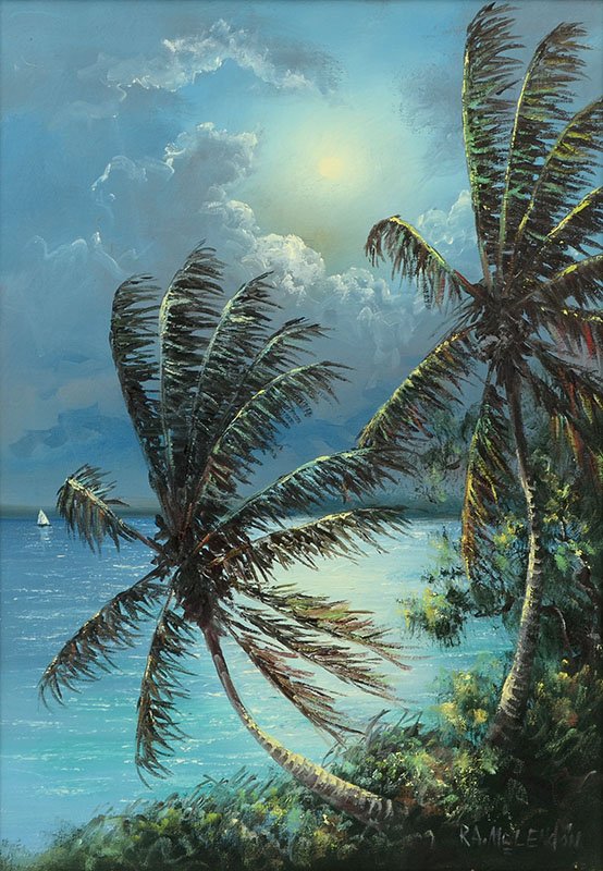 ROY MCLENDON NOCTURNAL FLORIDA HIGHWAYMEN PAINTING: MCLENDON, Roy, (American, 20th Century): Florida Highwaymen nocturnal Indian River Lagoon scene with palm trees and boat, Oil/Canvas, 25 1/4" x 18", framed 27 1/2" x 20".