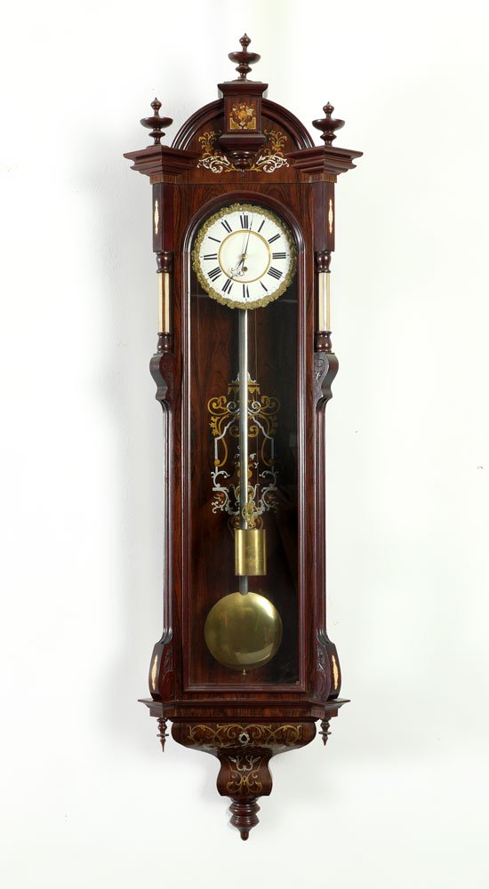 BOULLE INLAY ROSEWOOD VIENNA REGULATOR WALL CLOCK: BOULLE INLAY ROSEWOOD VIENNA REGULATOR WALL CLOCK: A stunning example of craftsmanship, rosewood veneer case with boulle style filigree silver, brass and wood foliate motif inlay. Arched pediment with