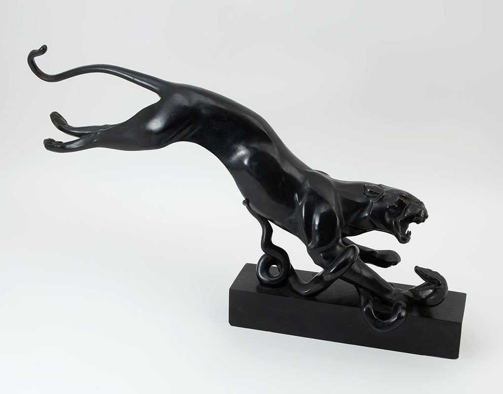 MAURICE PROST PANTHER AND SERPENT BRONZE: PROST, Maurice, (French, 1894-1967): "Panther and Serpent", Bronze, 10"h x 19"w, affixed to a marble plinth, plinth is signed, overall size, 12"h x 20"w.