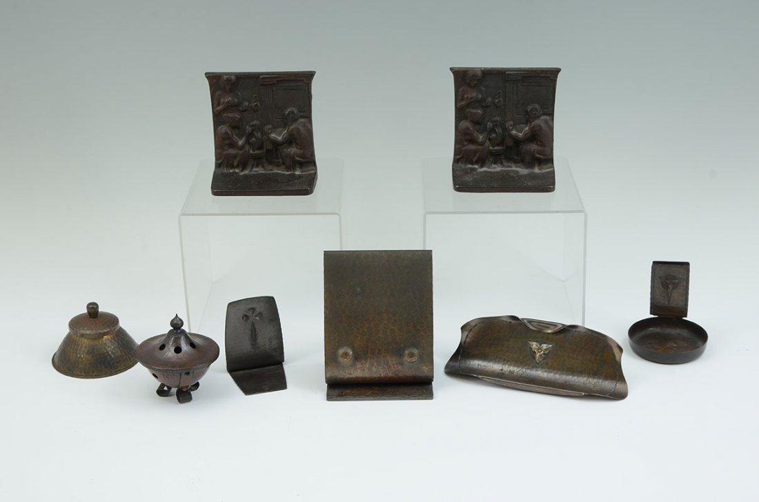 ROYCROFT ARTS & CRAFTS COPPER ITEMS: ROYCROFT ARTS & CRAFTS COPPER ITEMS: An assembled collection of 8 pieces total to include 1) Roycroft hammered copper incense burner, 3 1/2" h. x 3". 2) Roycroft hammered copper inkwell, 2 1/2" h. 3) 