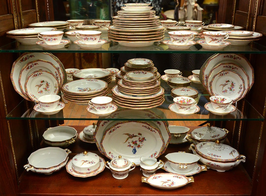 BIRD OF PARADISE BLACK KNIGHT CHINA SERVICE: BIRD OF PARADISE BLACK KNIGHT CHINA SERVICE: Approx. 74 pieces of Black Knight china with a floral and bird of paradise motif to include 12 dinner plates (9 3/4"), 9 salad plates (8"), 9 bread plates 