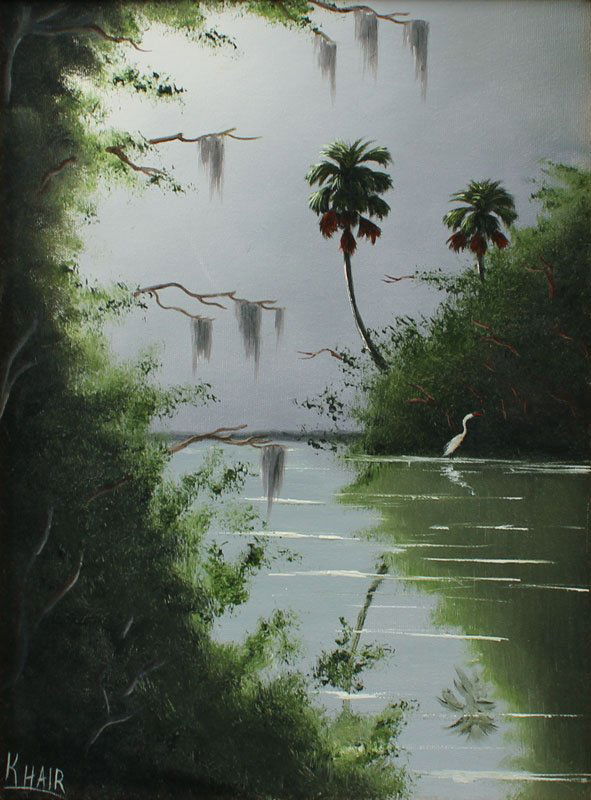 KELVIN HAIR 2ND GEN FLORIDA HIGHWAYMEN PAINTING: HAIR, Kelvin, (American, 20th century): Second Generation Florida Highwaymen, Florida backwaters scene, OIL/Canvas, signed lower left and verso on stretcher, dated 2/26/06. 16" x 20", framed 21" x 17"