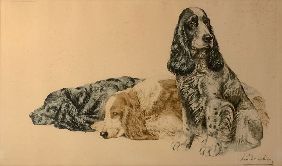 LEON DANCHIN ETCHING OF THREE SPANIELS: DANCHIN, Leon (French, 1887-1938): Three Spaniels, Color Etching, sight size 20" x 33.5", pencil signed lower right, numbered lower left edition of 500, framed, 28.5" x 42.5".