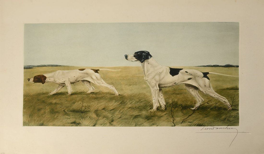 LEON DANCHIN COLOR ETCHING TWO POINTERS IN A LANDS: DANCHIN, Leon (French, 1887-1938): Two Pointers in a Landscape, Color Etching, 22" x 29.5" with margins, impression size 14.75" x 24", pencil signed lower right, numbered edition of 500 lower left, un