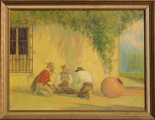 ALBERTO LOBOS CHILEAN PAINTING: LOBOS, Alberto, (Chilean, 1892-1925): Gamblers, O/C, 16 1/2" x 22 1/2", signed, worn frame. Alberto Lobos and his brothers Enrique and Alfredo were all members of the "Generation of Thirteen" (meaning