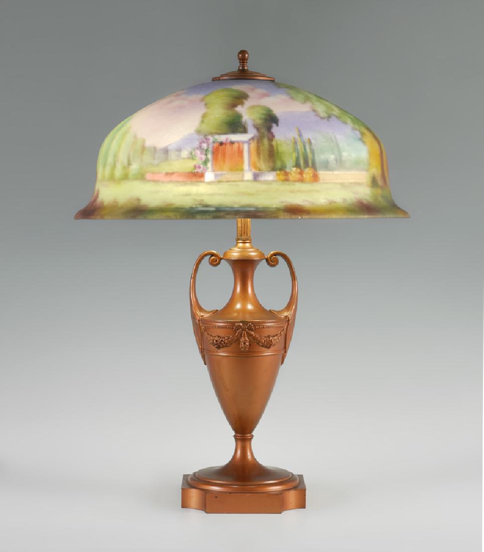 G. MORLEY SCENIC REVERSE PAINTED PAIRPOINT LAMP: G. MORLEY SCENIC REVERSE PAINTED PAIRPOINT LAMP: Painted and lacquered urn form lamp base marked Pairpoint, D 3015 1/2, 3 socket fixture, 24 1/4'' h. x 6 3/4''. Reverse painted Italian garden landscap