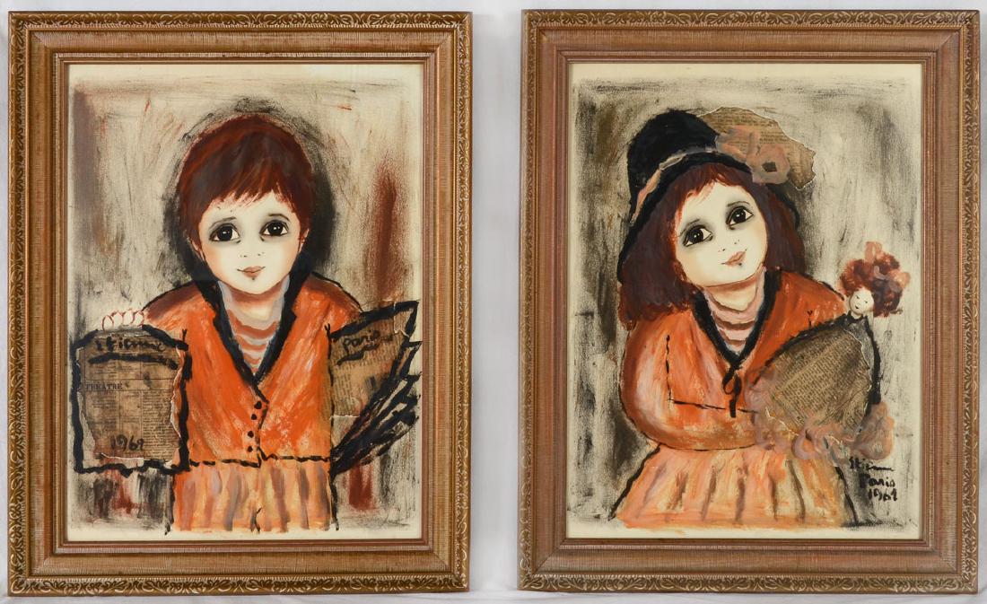 ROGER ETIENNE: 2 PAINTINGS, KIDS: ETIENNE, Roger, (American, 1923-2011): 2 Mixed Media Oil/Collage of children, 24" x 18", both signed and dated 1969, framed, 29" x 22".