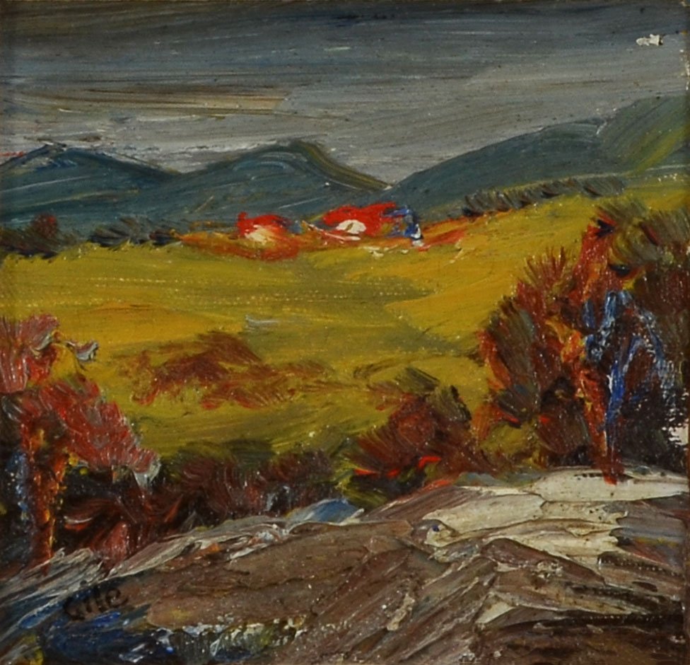 SELDON GILE LANDSCAPE PAINTING: GILE, Selden, (American, 1877-1947): Landscape with Mountains in the Distance, Oil/Canvasboard, 5" x 5", signed lower left, framed, 12.25" x 12.25".