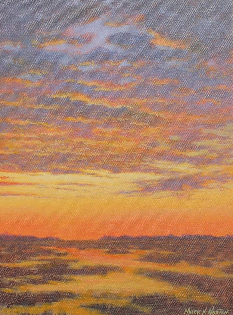 MARK HORTON PAINTING SUNSET ON THE MARSH: HORTON, Mark, (American, 1960-): Sunset on the Marsh, Oil/Canvas, 12" x 9", signed lower right, framed, 21" x 18". Brother of Bernie Horton, Mark paints regional South Carolina landscape scenes and ow