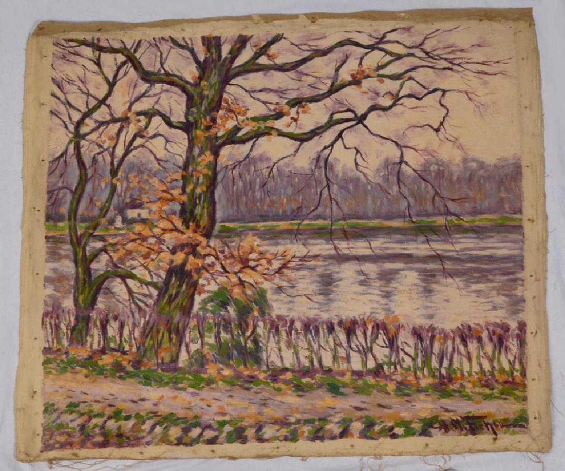 HUGO MELVILLE FISHER PAINTING RIVERSIDE SCENE: FISHER, Hugo Melville (American, 1878-1946): Autumnal Riverside Scene, Oil/Canvas, 25" x 28", signed lower right, unstretched. Fisher's father taught him to paint at a young age. He traveled a great d