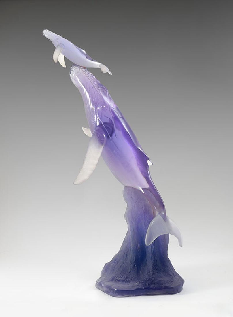 ROBERT WYLAND FIRST BREATH ACRYLIC SCULPTURE: WYLAND, Robert, (American, 20th century): ''First Breath'' Acrylic sculpture, limited edition number 29/750. Figure of a mother Humpback whale guiding her calf to the surface, cast in amethyst acrylic