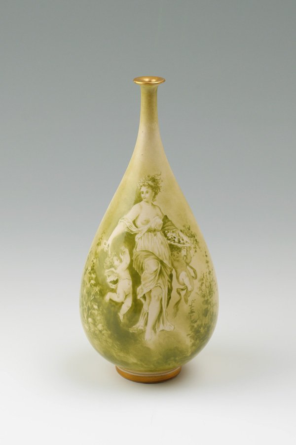 FRANZ A. MEHLEM GERMAN POTTERY VASE: FRANZ A. MEHLEM GERMAN POTTERY VASE: Teardrop shape vase with painted figure of semi-nude woman and cherubs one side, landscape verso. Partian Franz A. Mehlem impressed mark and other markings on base
