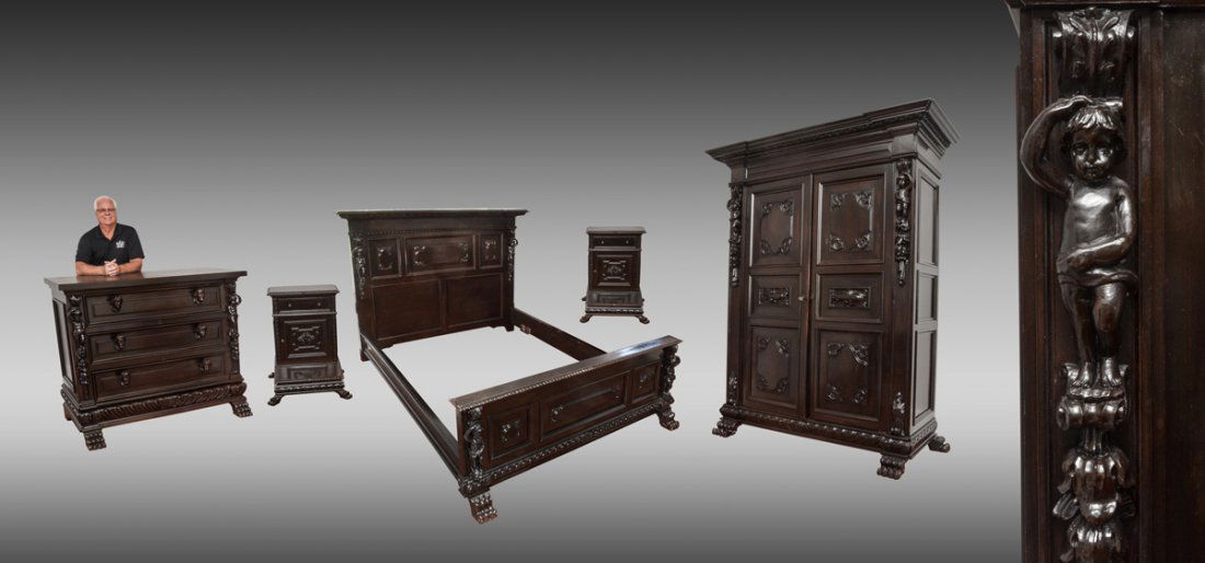 CARVED EBONIZED RENAISSANCE REVIVAL BEDROOM SET: 5 PIECE CARVED EBONIZED RENAISSANCE REVIVAL BEDROOM SET: 5 pieces total with ebonized finish, each piece carved with varying figural putti, busts, and other decoration. To include 1) Bed, headboard 53