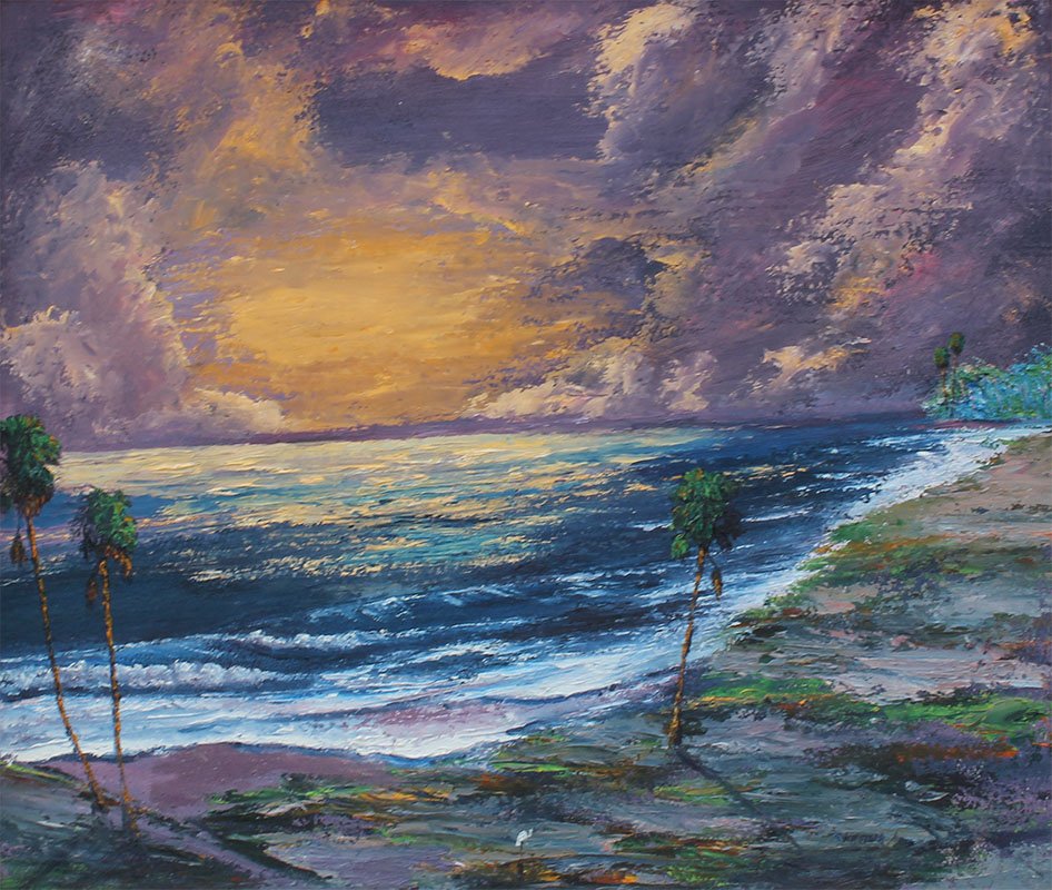 FLORIDA HIGHWAYMAN COASTAL SUNSET BY CHICO WHEELER: WHEELER, Charles "Chico", (American, 20th Century): Costal Sunset, Oil/Masonite, 22" x 26", signed lower right, framed, 25" x 29.5".