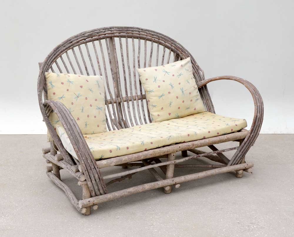 LA LUNE RUSTIC ADIRONDACK LOVESEAT: LA LUNE RUSTIC ADIRONDACK LOVESEAT: Bentwood loveseat / sofa from La Lune Collection of Wisconsin with a rustic distressed grey wash, dragonfly & ladybug motif cushion, matching throw pillow with addi