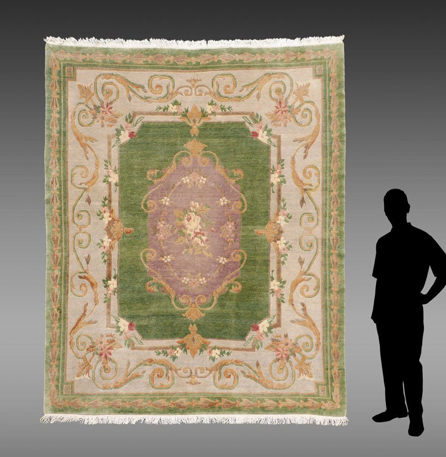 TIBETAN AUBUSSON DESIGN HK WOOL RUG, 8'3" X 9'6": APPROX 20-35 YR OLD TIBETAN AUBUSSON DESIGN HAND KNOTTED WOOL RUG, 8'3" X 9'6": This rug has an Aubusson formal design with flowers in the center of the grey/blue area that is outlined by yellow on a