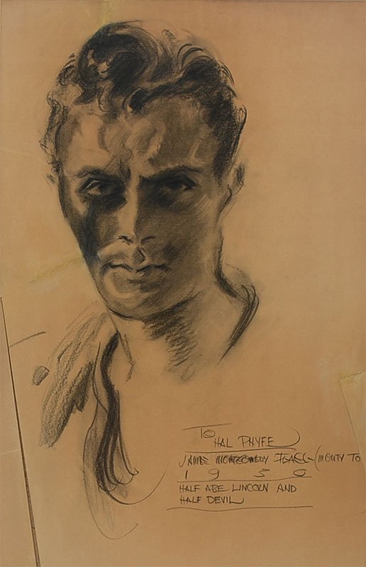 ORIGINAL JAMES MONTGOMERY FLAGG PORTRAIT DRAWING: FLAGG, James, (American, 1877-1960): Half Abe Lincoln & Half Devil, Charcoal Drawing, 22 x" 14", signed lower right, dedicated to Hal Phyfe, framed, 28.5" x 20.5".