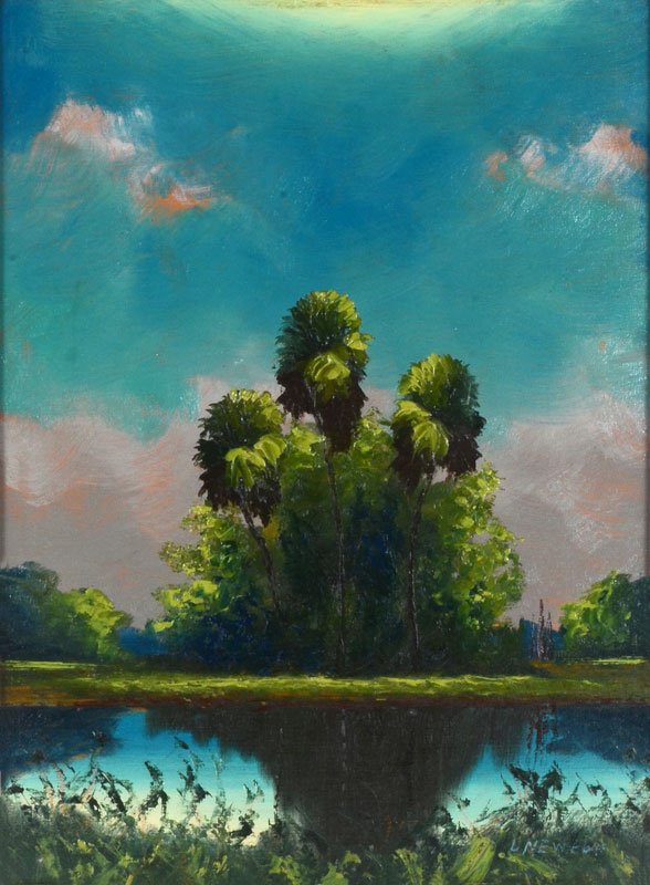 LEM NEWTON FLORIDA HIGHWAYMEN PAINTING: NEWTON, Lemuel "Lem", (American, 20th Century): Florida Highwaymen St. Johns River stand of trees landscape, Oil/Upson, signed lower right, 24" x 18", framed 26" x 20".