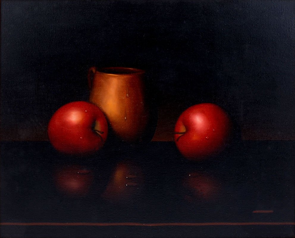 ALFRED JACKSON PAINTING APPLES: JACKSON, Alfred, (American, 1940-2001): Still Life with Apples and Copper Mug, Oil/Canvas, 16" x 20", signed lower right, framed, 24" x 28".