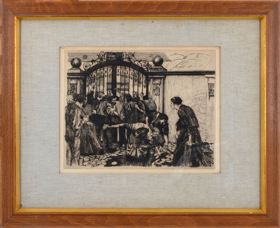 KATHE KOLLWITZ ETCHING "STURM" RIOT: KOLLWITZ, Kathe, (German, 1867-1945): "Sturm", Etching, sight size 9.75" x 12.25", printer's blind stamp lower right, framed, 17.5" x 21.5".