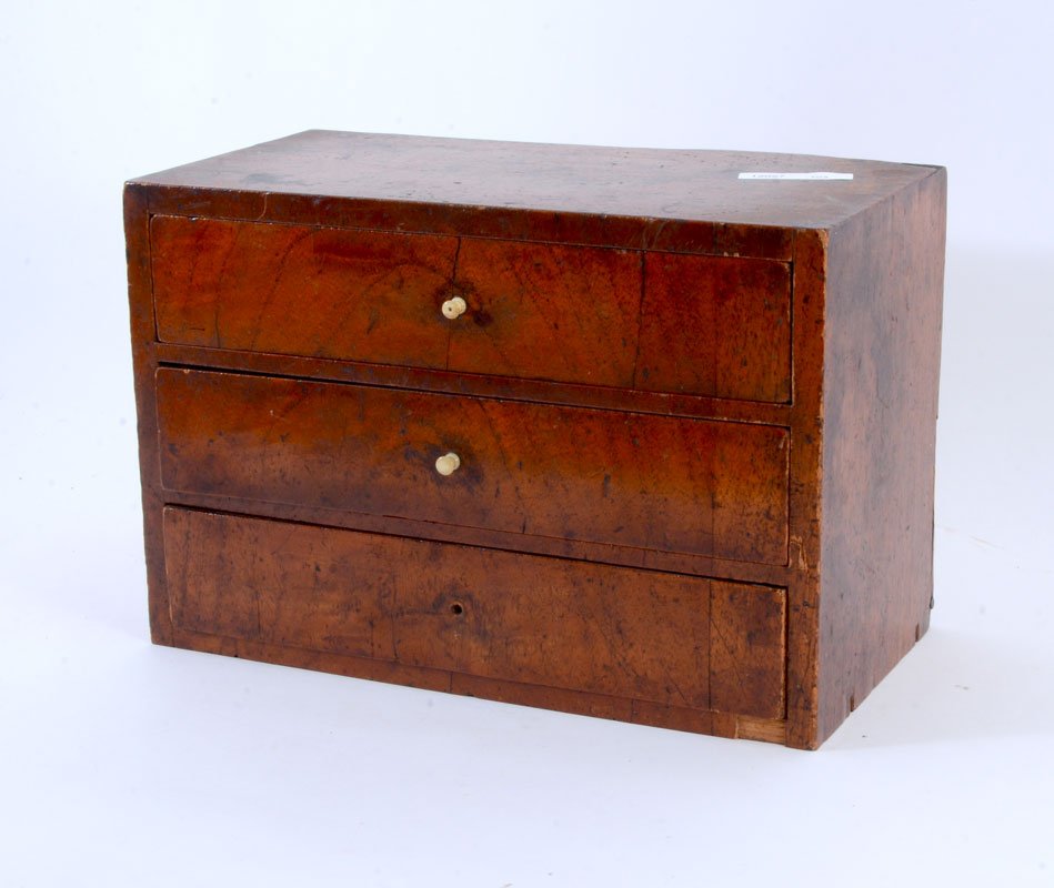 19TH CENTURY MINIATURE 3 DRAWER CHEST: 19TH CENTURY MINIATURE 3 DRAWER CHEST: Walnut miniature chest or glove box, 3 graduated drawers, overall measures 7 3/4" h. x 11 1/2" x 6".