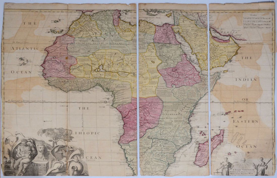 COLLECTION OF 6 ANTIQUARIAN 18TH CENTURY MAPS: COLLECTION OF 6 ANTIQUARIAN 18TH CENTURY MAPS: An assembled collection of 6 antique maps to include 1) John Senex "Africa Corrected from the Observations of the Royal Society of London and Paris", pub